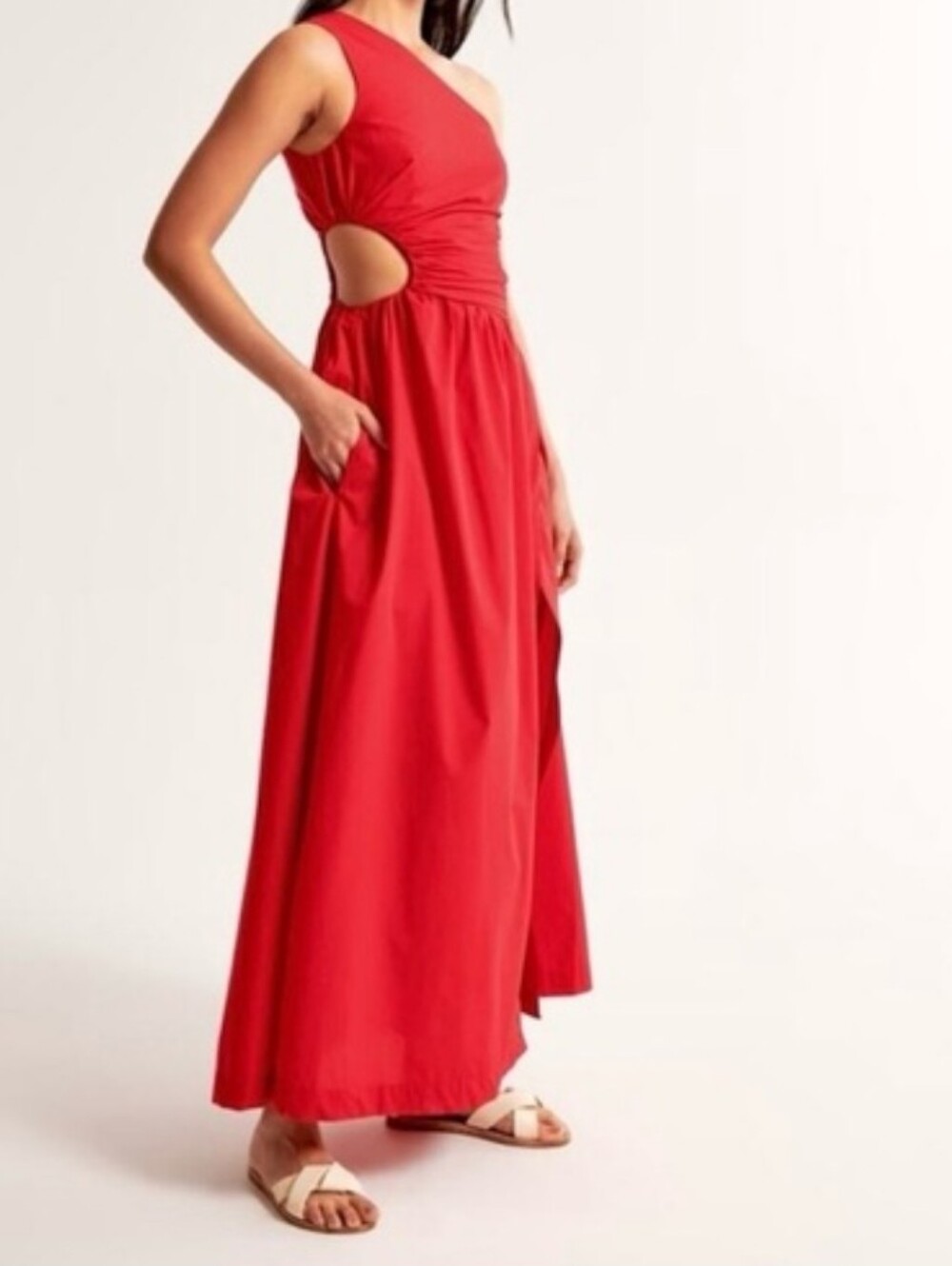 Women's Red One-Shoulder Cutout Maxi Dress with Pockets